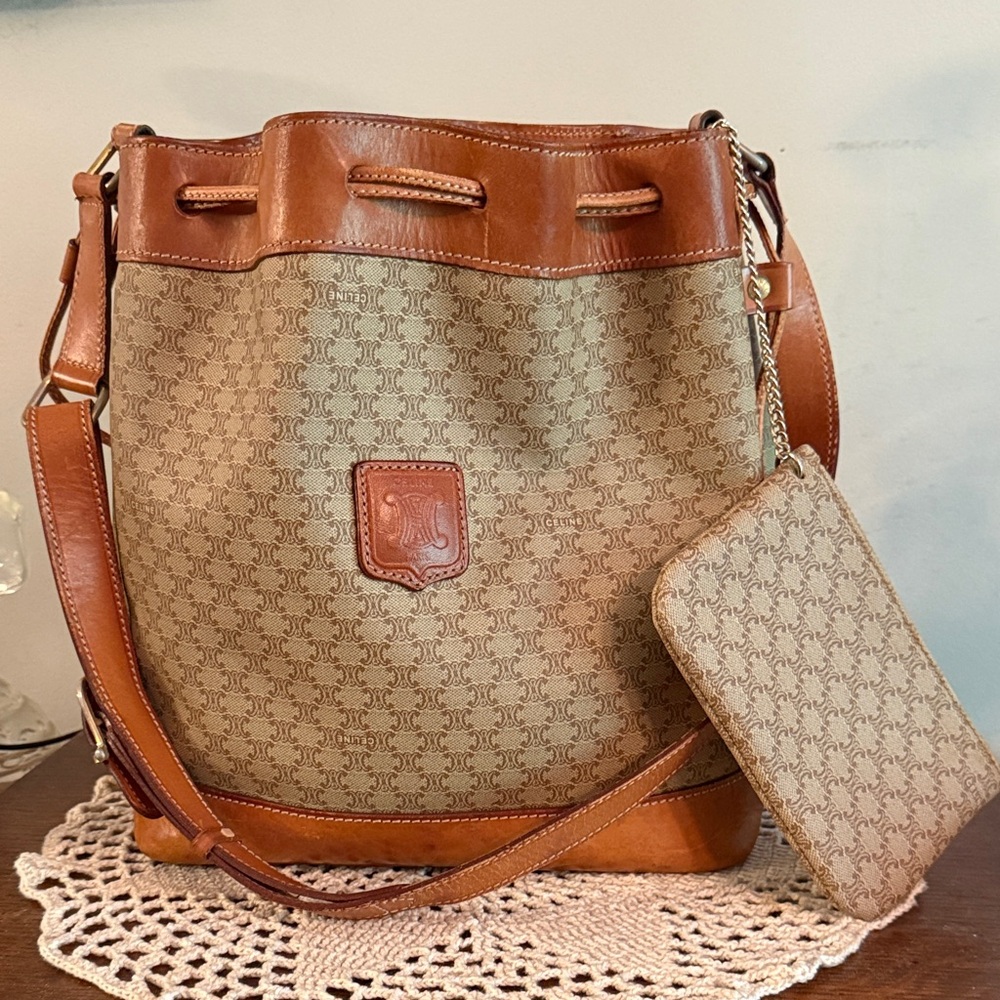 Elegant Celine Tan and Brown Designer Bucket Bag